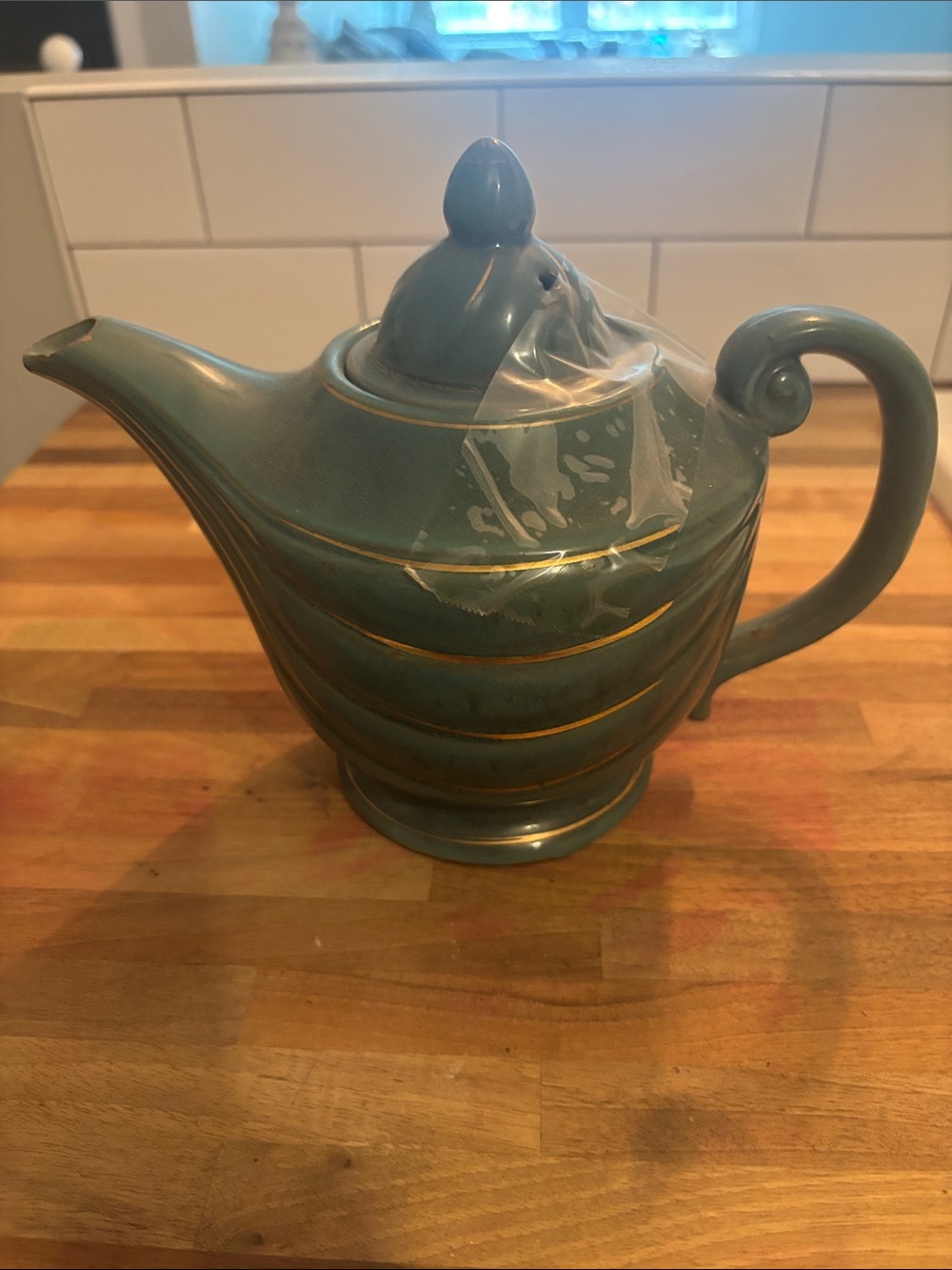 Teal Ceramic Teapot with Gold Trim